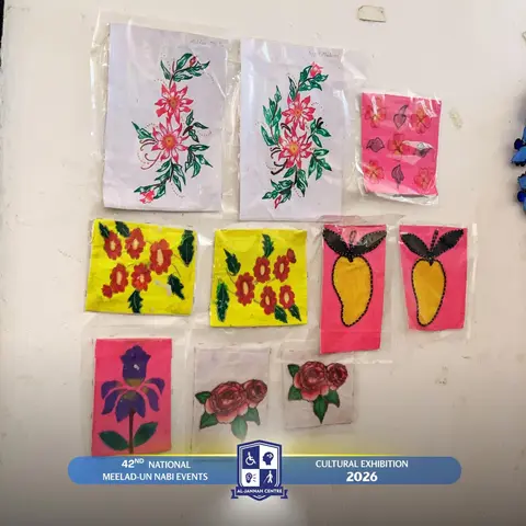 Children’s flower paintings displayed at the Centre’s exhibition stall